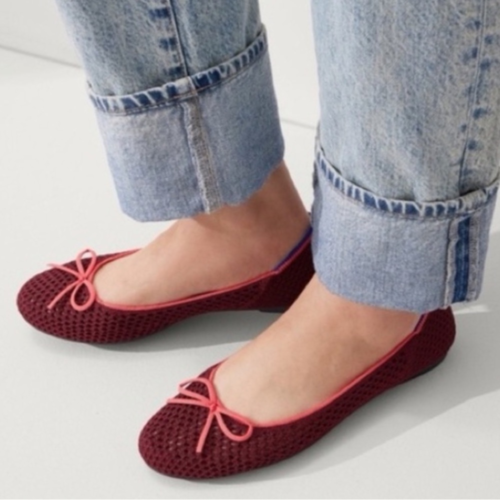 Rothy's Burgundy Mesh Ballet Flats with Pink Trim